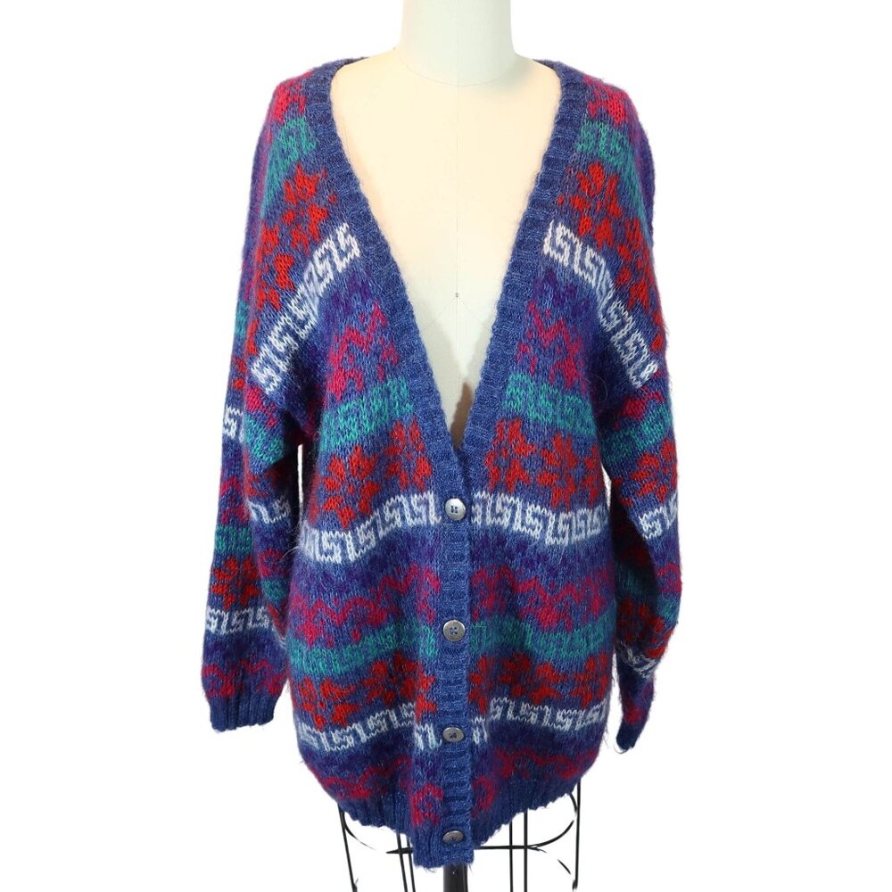 Vintage Oversized Fuzzy Mohair Cardigan Sweater Size M Aztec Southwestern